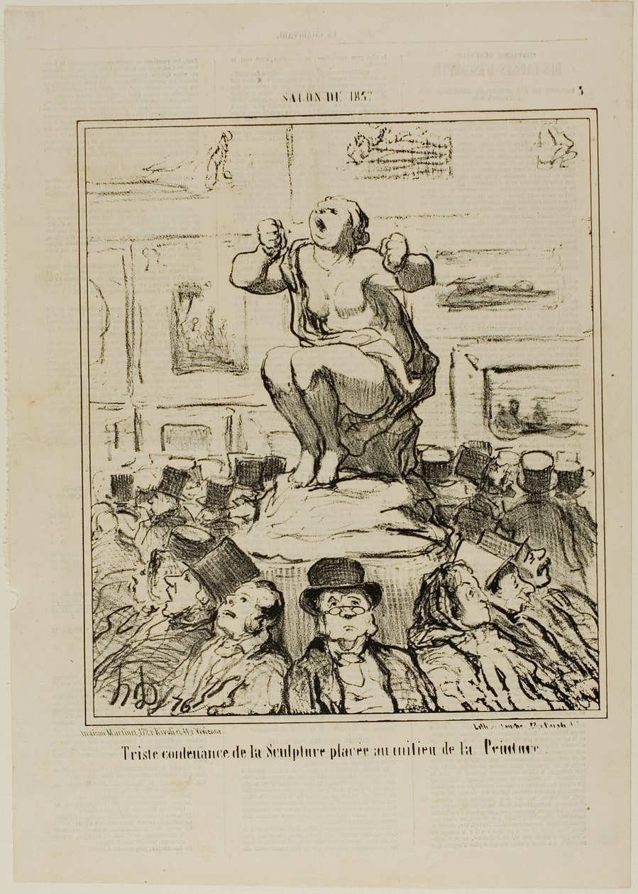 Niezadowolenie z rzeźby umieszczonej pośrodku wystawy obrazów, płyta 5 z Salonu De 1857 autorstwa Honoré Victorin Daumier