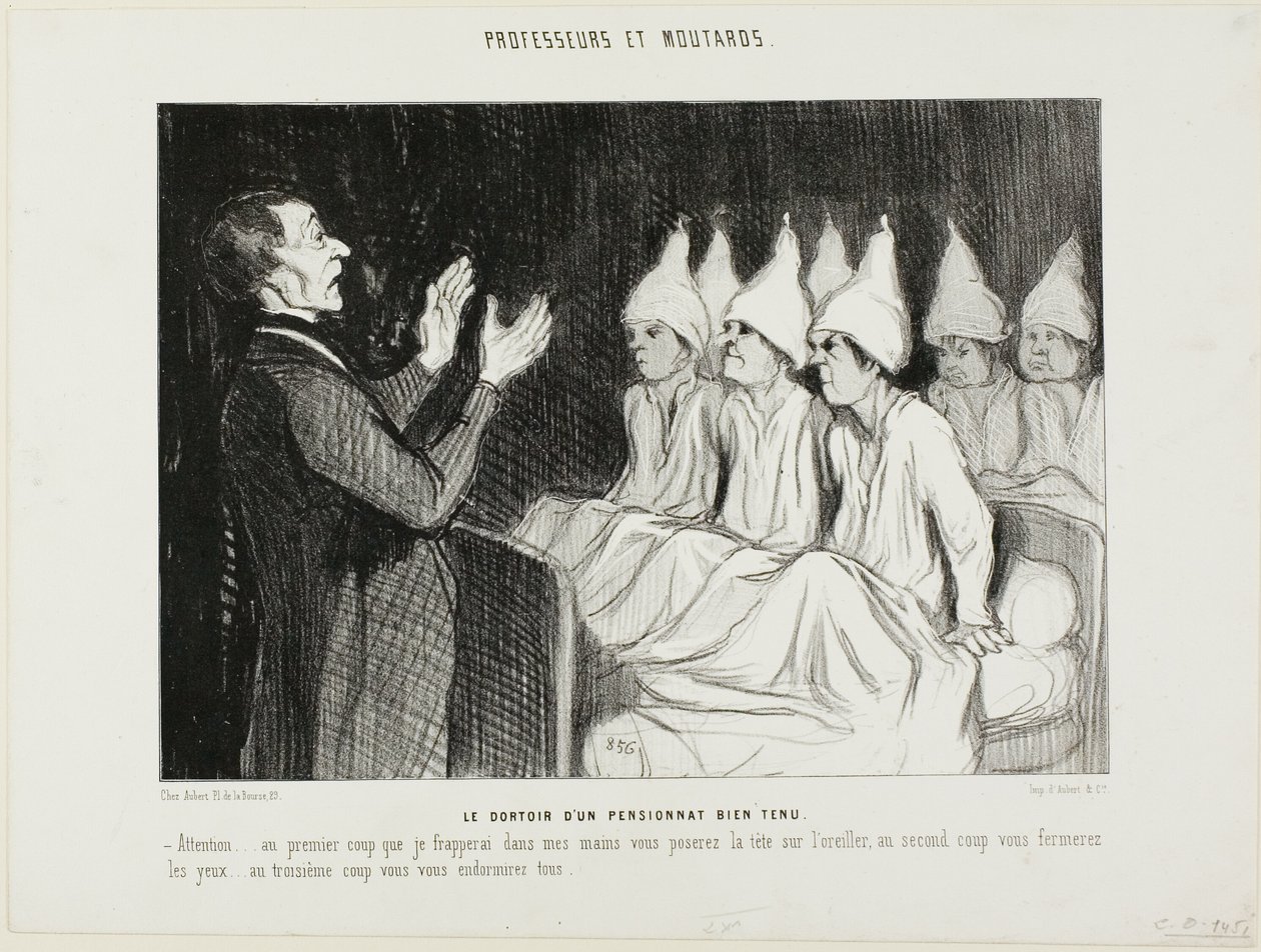 Dormitorium dystyngowanej szkoły z internatem, płyta 14 z Professeurs et Moutards (Profesorowie i łobuzy) autorstwa Honoré Victorin Daumier