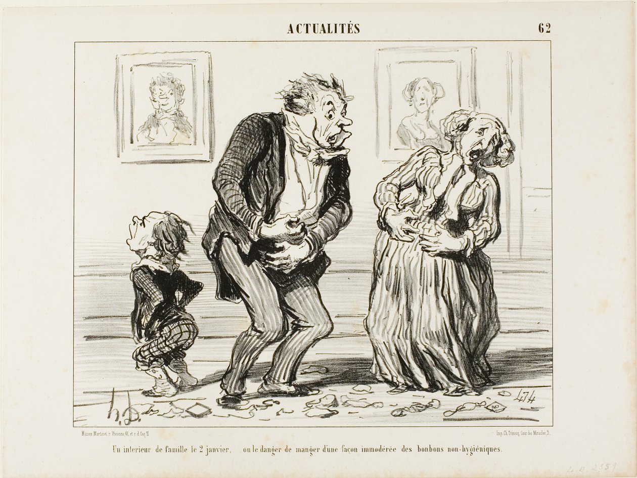 Wnętrze rodziny 2 stycznia - czyli niebezpieczeństwo nieumiarkowanego spożywania niehigienicznych słodyczy, płyta 62 z Actualités autorstwa Honoré Victorin Daumier