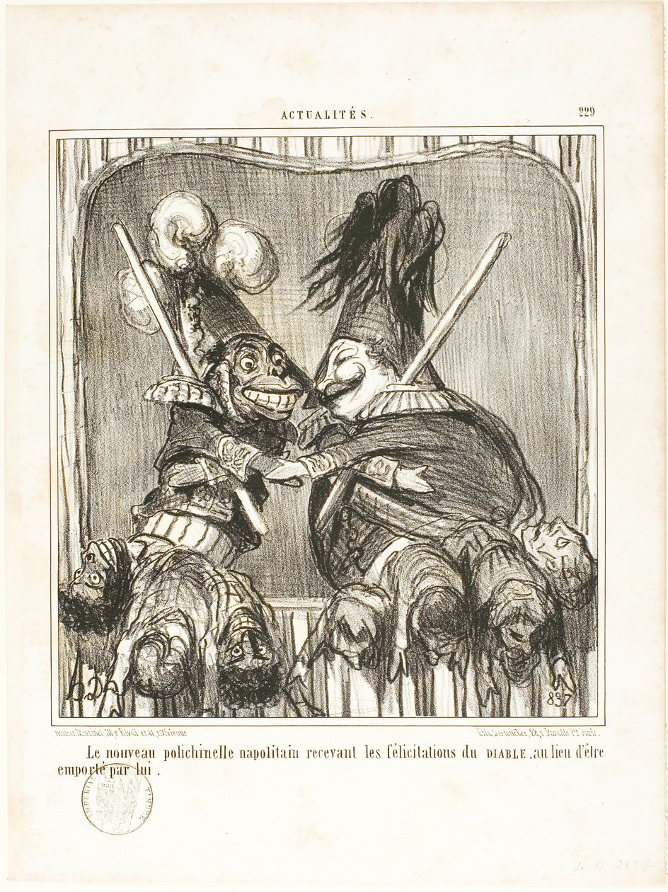 Nowy neapolitański bufon. Przyjmowanie gratulacji od diabła zamiast bycia przez niego porwanym, płyta 229 z Actualités autorstwa Honoré Victorin Daumier