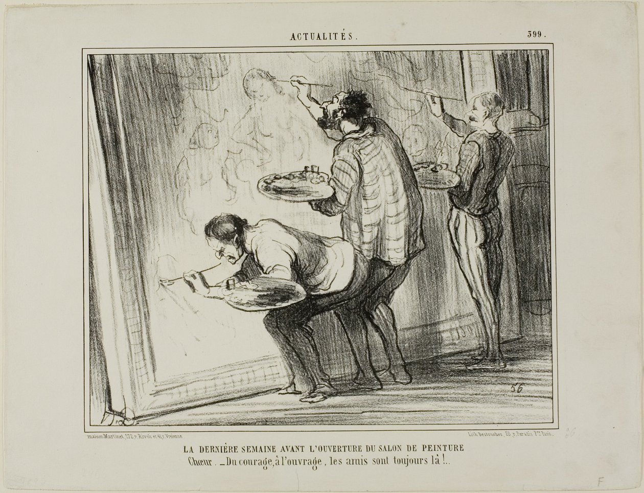 Tydzień przed otwarciem wystawy sztuki. Chór: "- odwagi, dokończmy dzieło! Po to są przyjaciele", płyta 399 z Actualités autorstwa Honoré Victorin Daumier