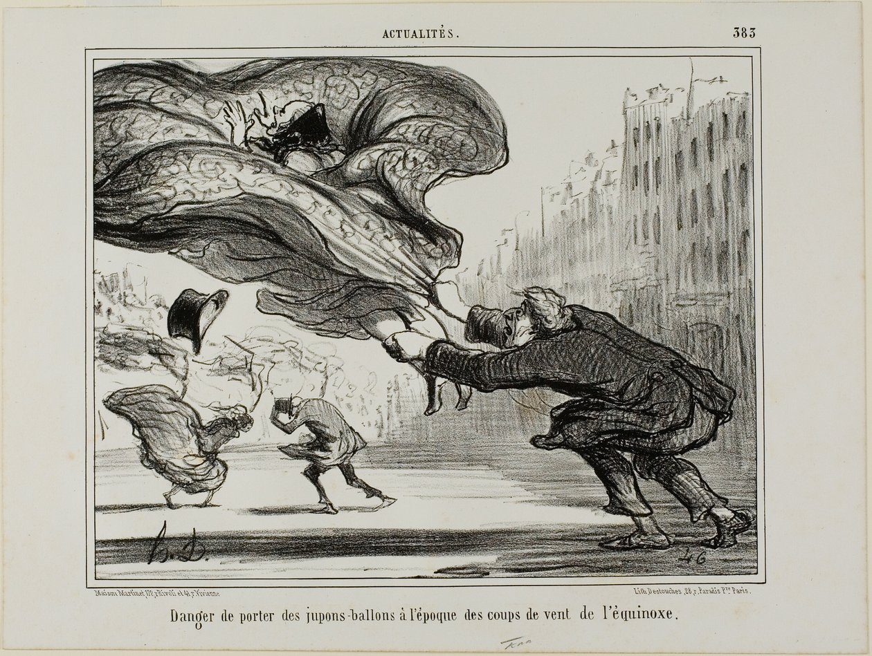 Niebezpieczeństwo noszenia spódniczek z obręczami podczas nagłej wiosennej burzy, płytka 26 z La Crinolomanie autorstwa Honoré Victorin Daumier