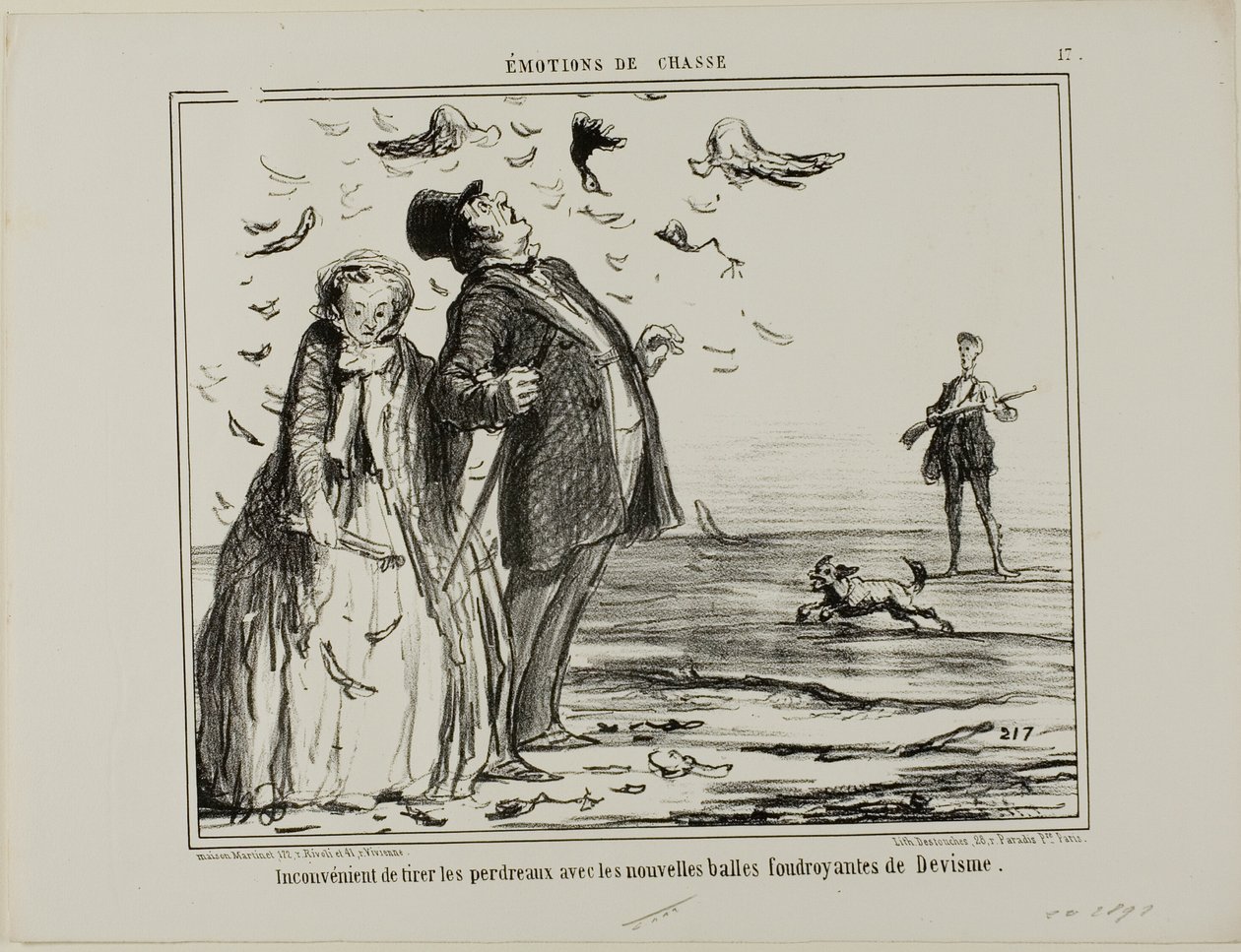 Wada strzelania do młodych kuropatw za pomocą nowych wybuchowych pocisków Devisme, płyta 17 z Émotions De Chasse autorstwa Honoré Victorin Daumier