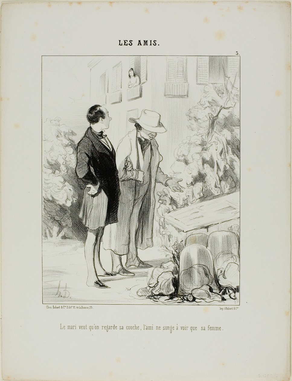 Mąż chce, aby spojrzał na jego gorące łóżko, przyjaciel marzy tylko o zobaczeniu swojej żony, płyta 3 z Les Amisa autorstwa Honoré Victorin Daumier