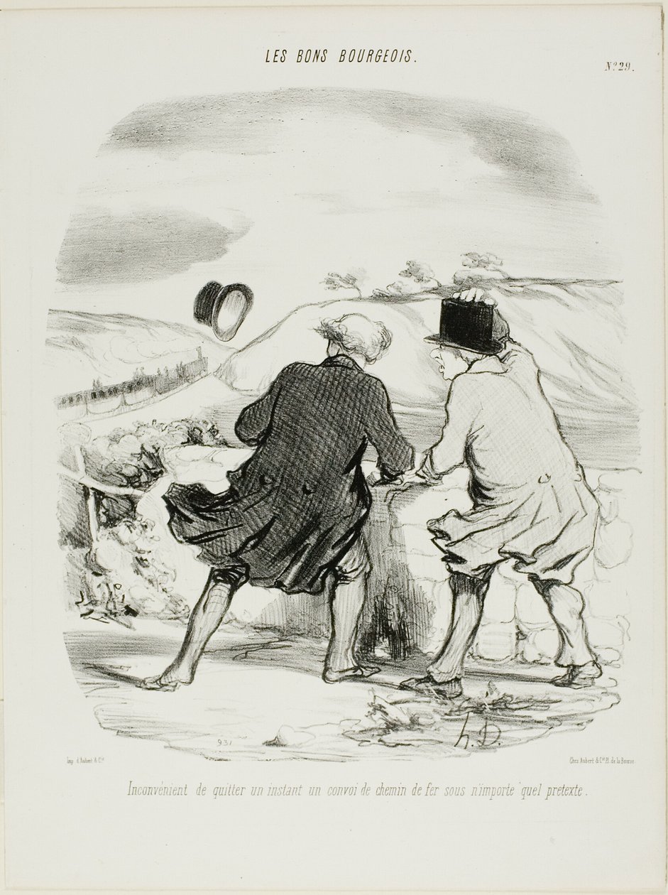 Niedogodność opuszczenia pociągu nawet tylko na chwilę i pod jakimkolwiek pretekstem, płyta 29 z Les Bons Bourgeois autorstwa Honoré Victorin Daumier