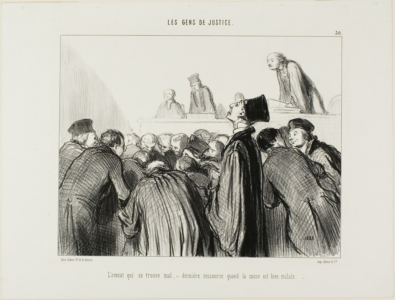 Prawnik staje się chory, ostatnia deska ratunku, gdy jego sprawa zaczyna również wyglądać na chorą, płyta 30 z Les Gens De Justice autorstwa Honoré Victorin Daumier