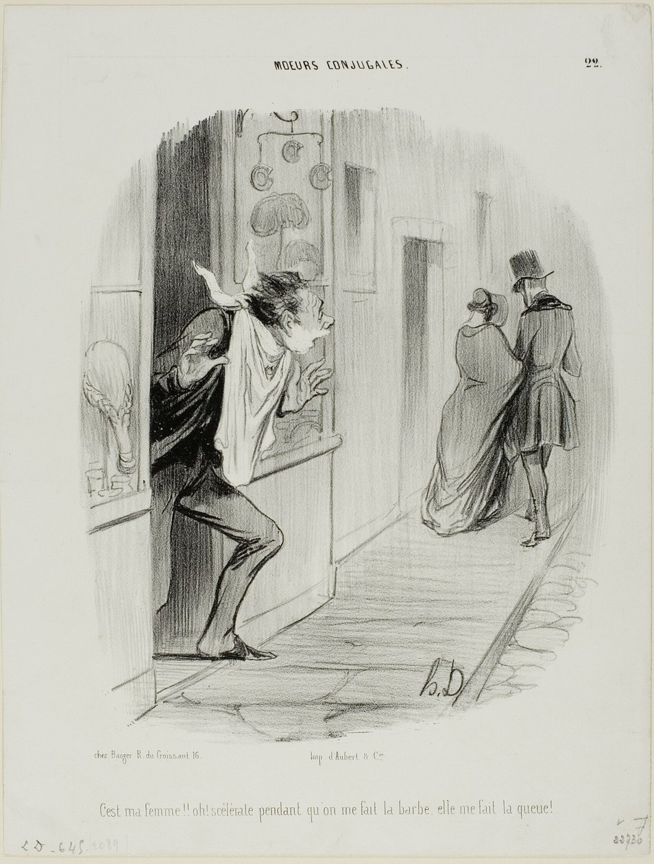 "Idzie moja żona!!! Och, nieszczęśnica, podczas gdy ja się golę, ona robi ze mnie rogacza!", płyta 22 z Moeurs Conjugales. autorstwa Honoré Victorin Daumier