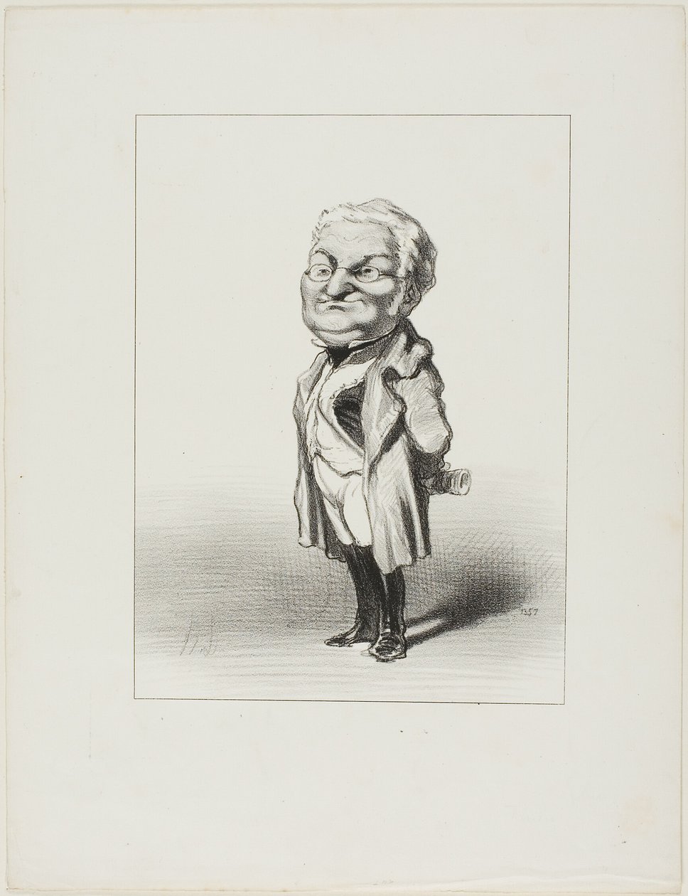 Thiers. Obywatel Thiers przymierza nowy płaszcz, który właśnie wysłał mu Babin, płyta 4 z Les Représentans Représentés autorstwa Honoré Victorin Daumier