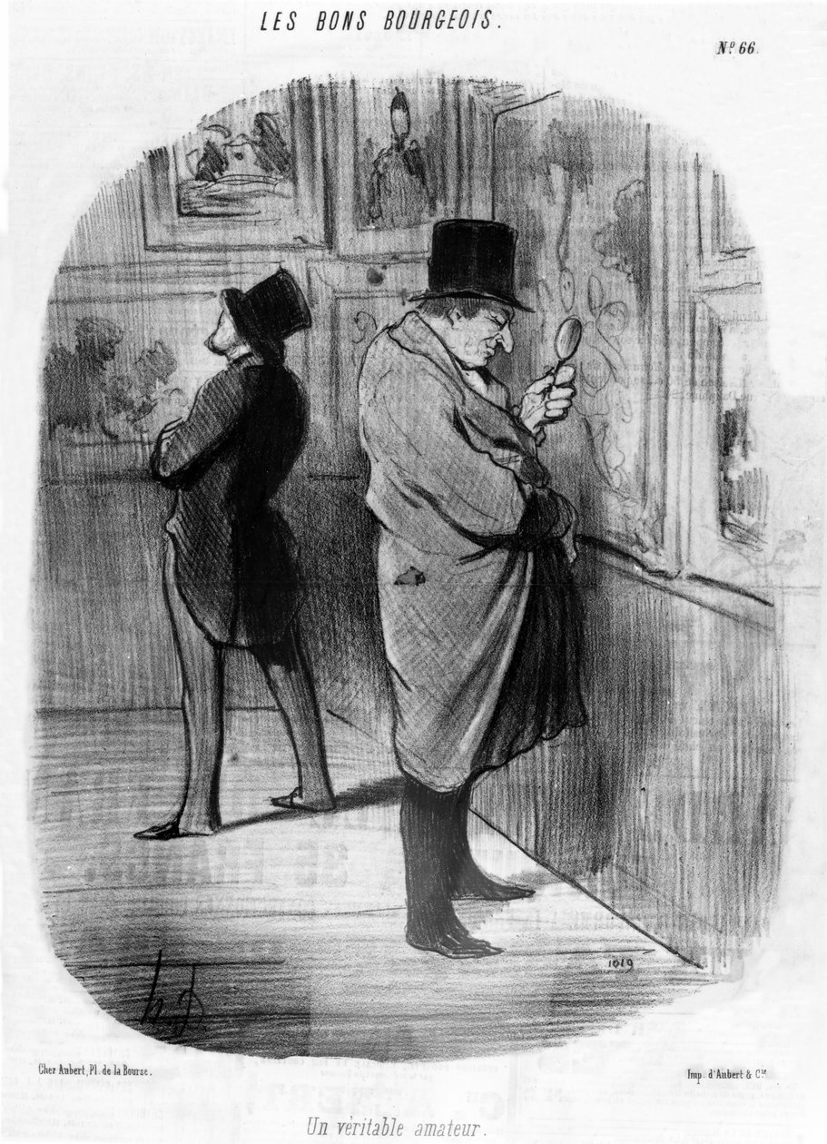 Prawdziwy miłośnik sztuki", z serii karykatur "Dobrego Mieszczanina", opublikowanych w "Le Charivari", 16 maja 1847 r. autorstwa Honoré Daumier