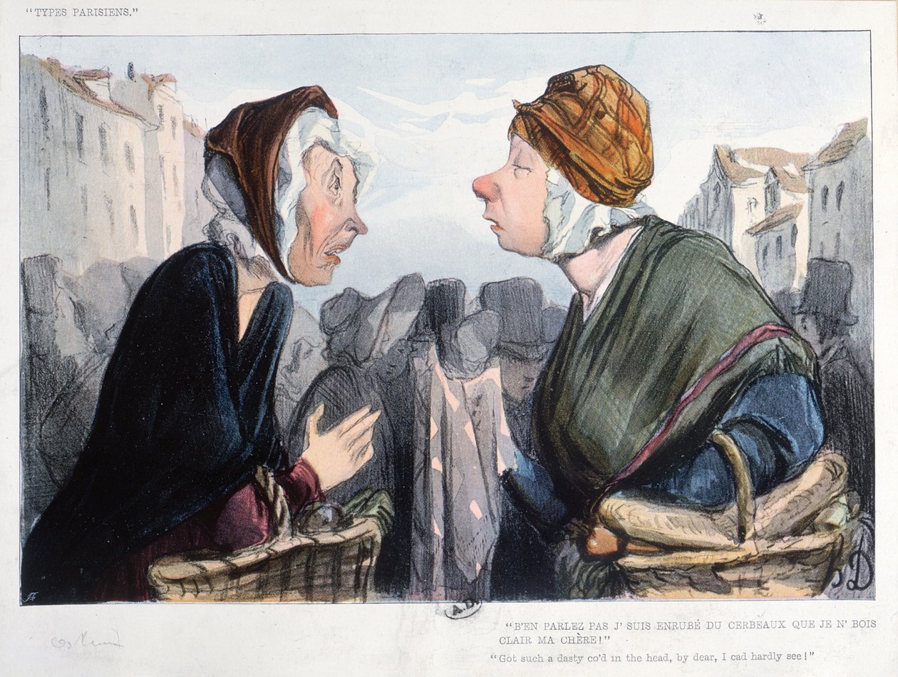 „Brzydkie przeziębienie w głowie”, karykatura z „Types Parisiens”, połowa XIX wieku autorstwa Honoré Daumier