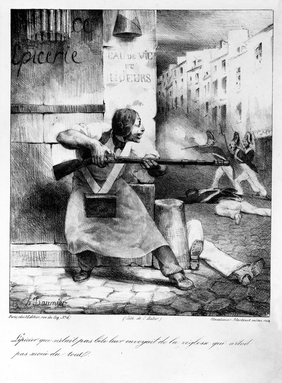 Zbuntowany sklep spożywczy strzela do żandarmów podczas rewolucji lipcowej, 1830 r autorstwa Honoré Daumier