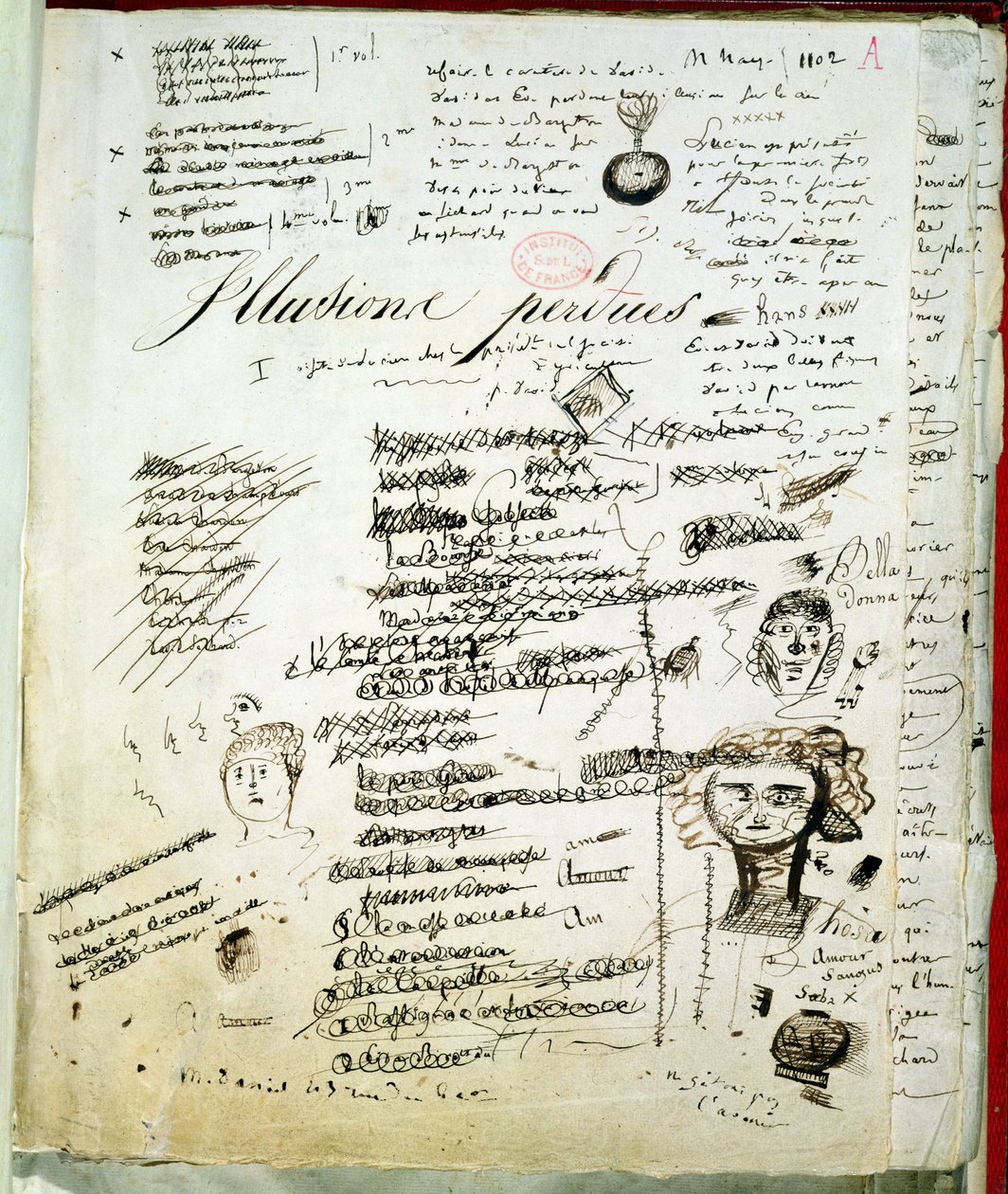 Karta tytułowa "Les Illusions Perdues" z adnotacjami autora, ok. 1830-40 autorstwa Honore de Balzac