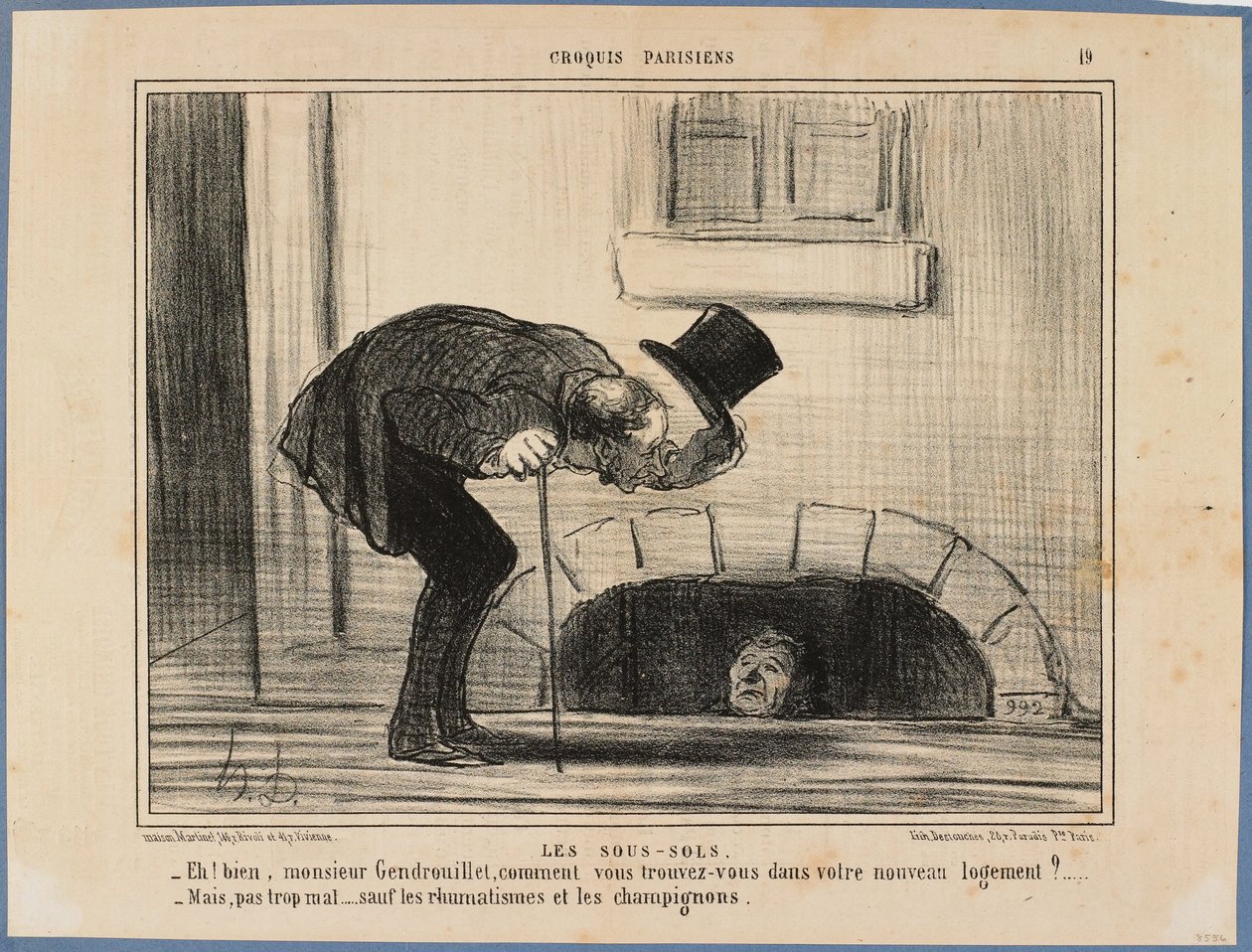 „A więc, panie Gendrouillet, jak się pan czuje w nowym mieszkaniu?” - „Nie najgorzej, z wyjątkiem reumatyzmu i grzybów” autorstwa Honoré Daumier