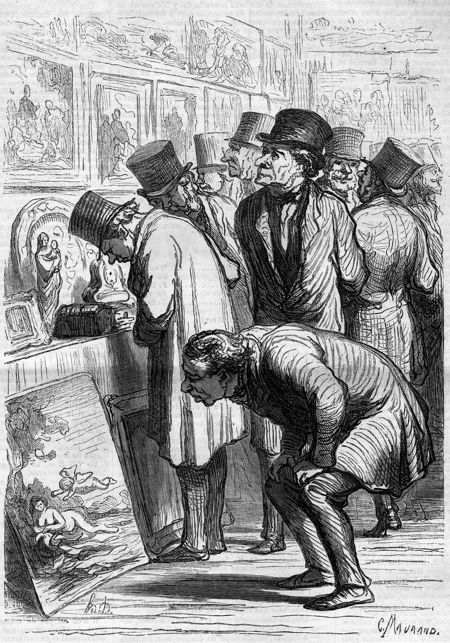 Sala Hotelu Drouot, dzień wystawienniczy. Karykatura Honore Daumiera (1808-1879). Grawer w „Le Monde Illustré” nr 265 z 10 maja 1862 r. autorstwa Honoré Daumier