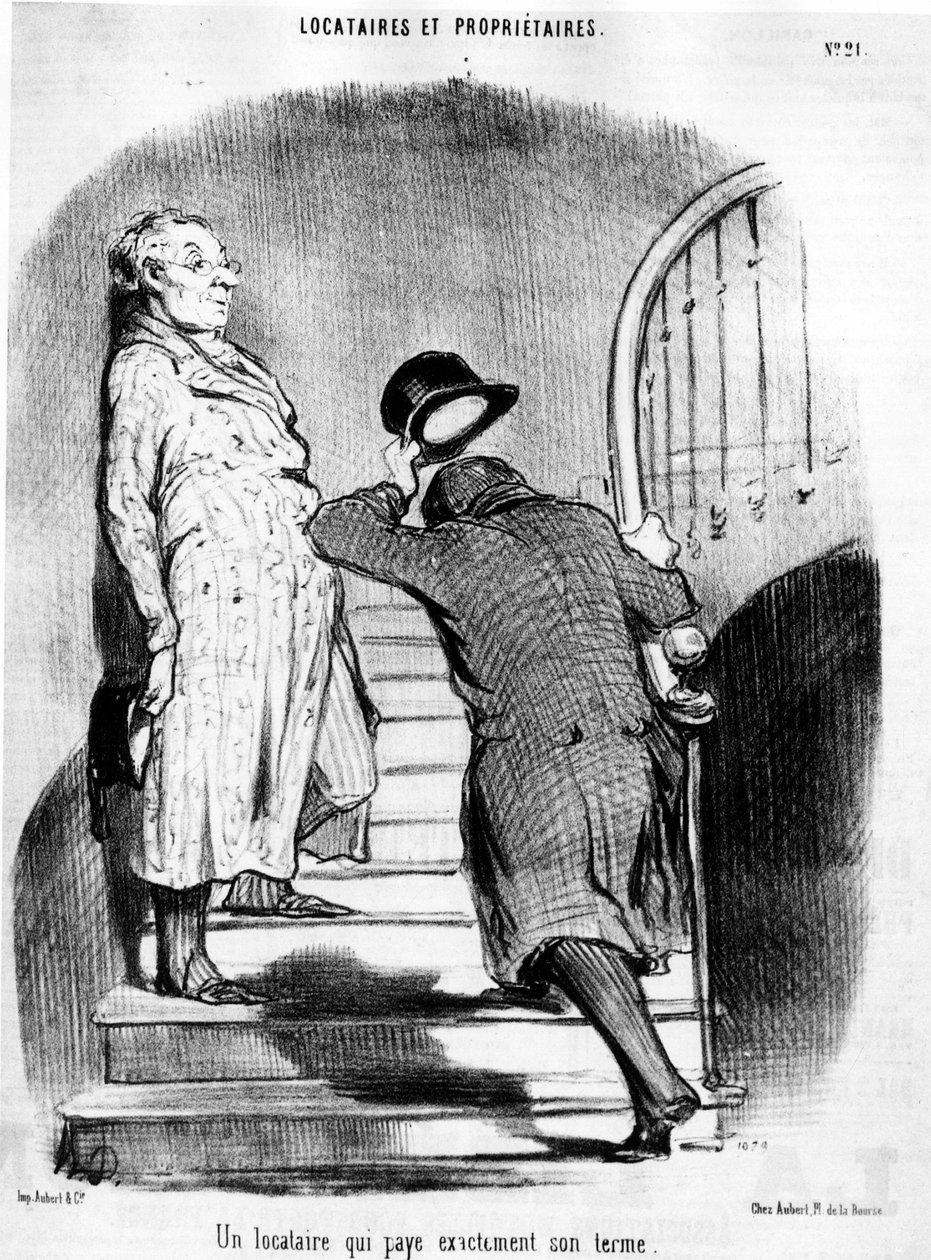 Lokator, który płaci dokładnie swoją kadencję, zaczerpnięty z serialu animowanego „Tenants et Owners” Honore Daumiera (1808-1879). „Charivari” autorstwa Honoré Daumier