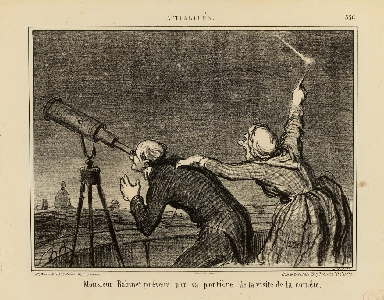 Actualités nr 556: Pan Babinet powiadomiony przez swoją dozorczynię o wizycie komety autorstwa Honoré Daumier