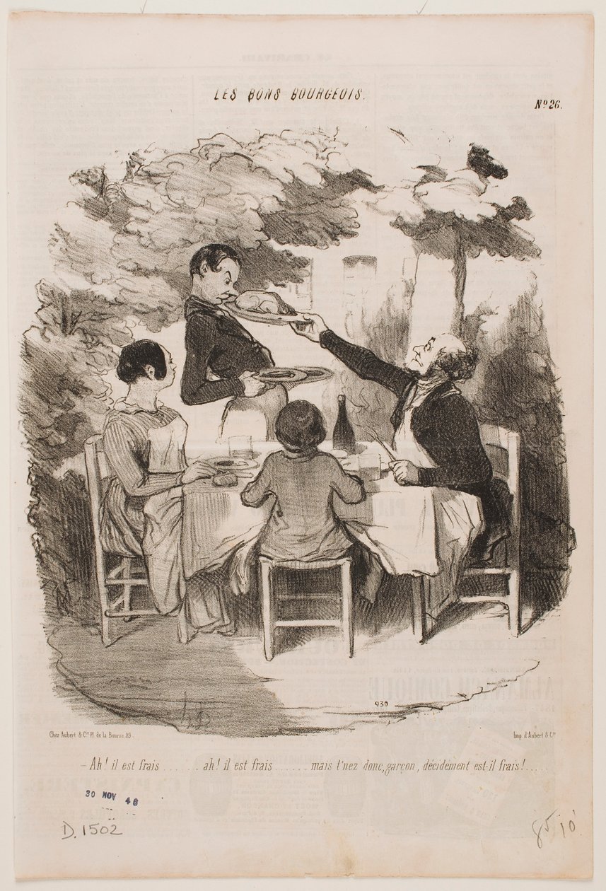 Ach, to świeże, to świeże! ... Niech pan sam powącha, kelnerze, mówi pan, że to jest świeże? ... autorstwa Honoré Daumier