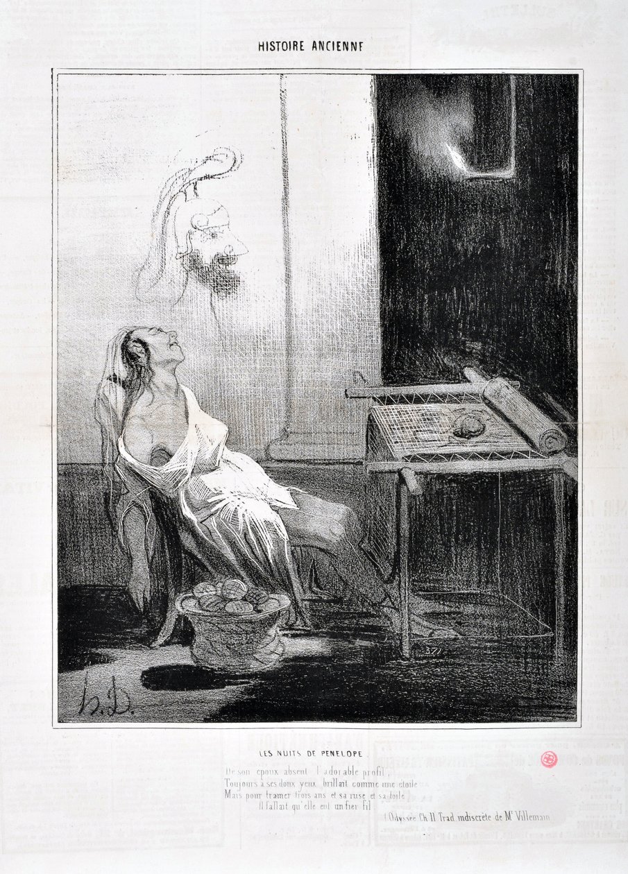 Grafika Honore Daumier (1808-1879) Charivari pochodzi z 1842 roku: Serie HISTORIE ANCIE Les Nuits de Penelope „” Z jej spooux nieobecnego uroczego profilu, Wieczna ze słodkimi oczami lśniła jak gwiazda Cel utkania trzech lat i jej przebiegłości i jego siec autorstwa Honoré Daumier