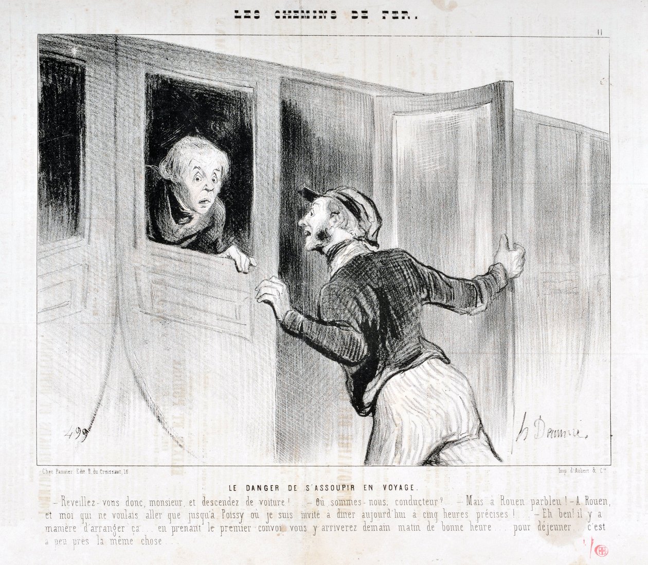 Grafika: Honore Daumier (1808-1879). Charivari pochodzi z 1843 roku: Serie LES RAILWAYS Niebezpieczeństwo zaśnięcia podczas podróży „” -Obudź się Panie i wysiądź z samochodu! - Gdzie jedziemy? - Ale Rouen parbleu! - W Rouen i ja, którzy chcieliśmy pojechać autorstwa Honoré Daumier