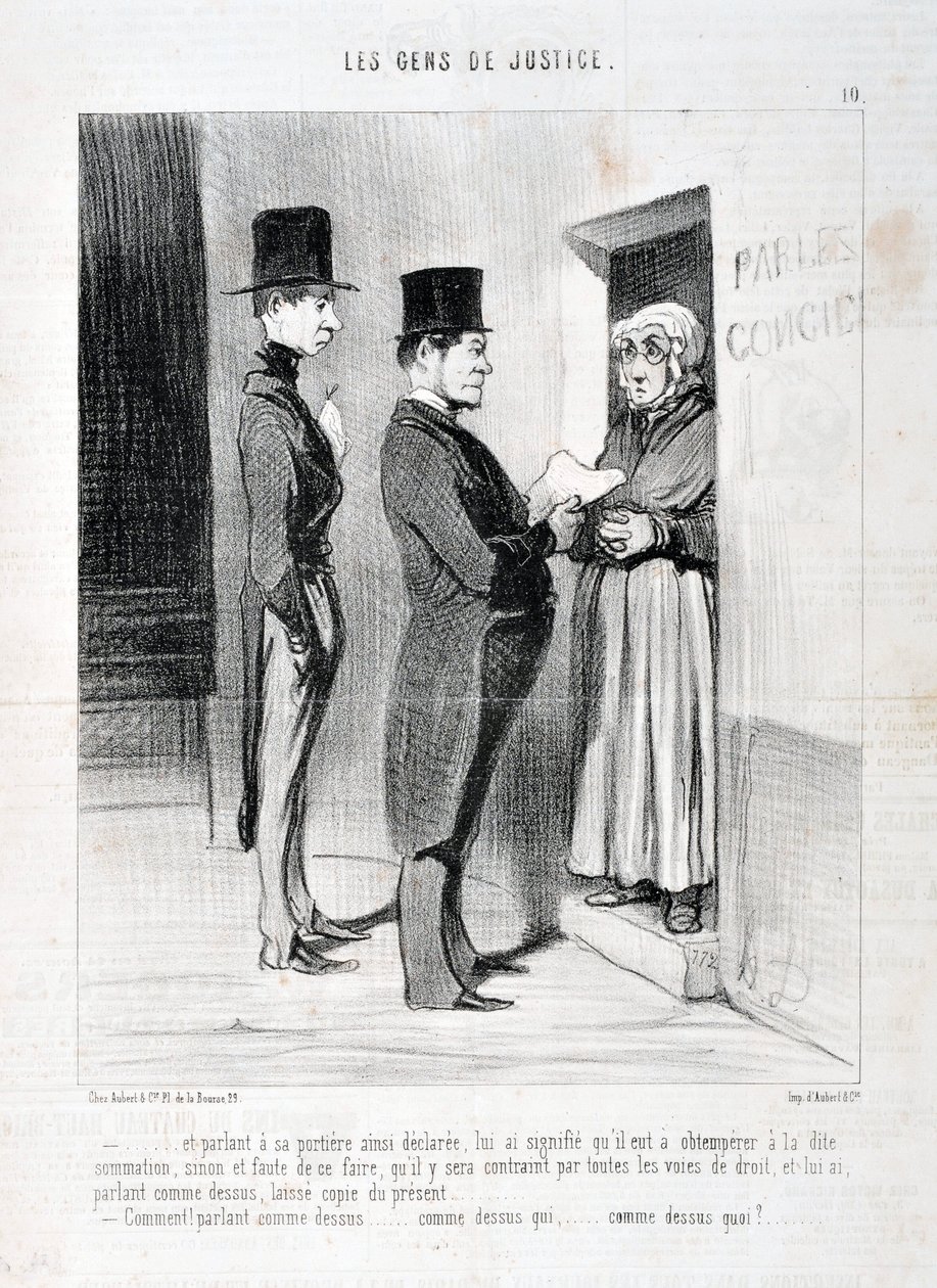 Grafika: Honore Daumier (1808-1879). Charivari pochodzi z 1845 roku: Serie LES PEANS DE JUSTICE „” -... i przemawiając w jego drzwiach tak zadeklarowany, miał na myśli, że musi przestrzegać wspomnianego podsumowania, w przeciwnym razie i zaniechania tego b autorstwa Honoré Daumier