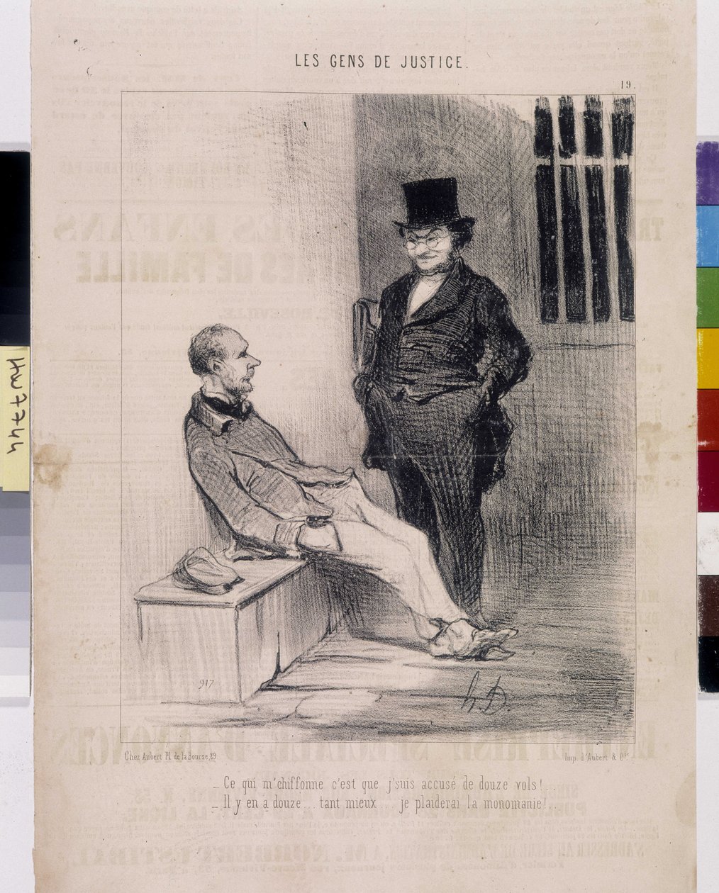 Grafika: Honore Daumier (1808-1879). Charivari pochodzi z 1845 roku: Serie LES PEANS DE SPRAWIEDLIWOŚCI. „” Co mnie bombarduje, to fakt, że jestem oskarżony o 12 napadów rabunkowych! - Jest ich dwanaście... o wiele lepiej... Będę się błagał o monomania”””  autorstwa Honoré Daumier