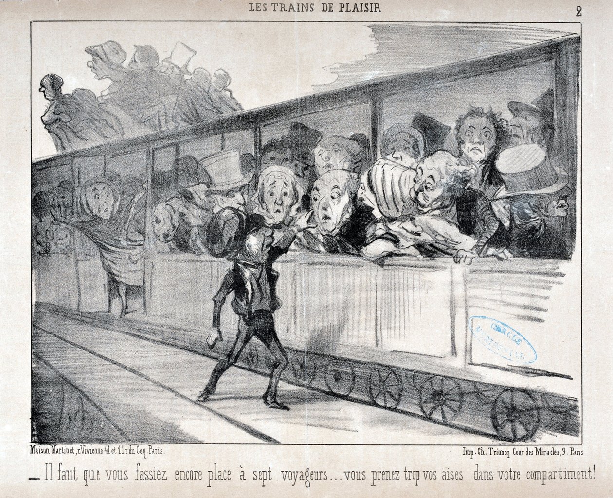 Grafika: Honore Daumier (1808-1879). Charivari pochodzi z 1852 roku: Serie LES TRAINS DE PLEASURE - Musisz zrobić miejsce dla siedmiu pasażerów... jesteś zbyt wygodny w swoim przedziale! MUZEUM SZTUK PIĘKNYCH - PAŁAC LONGCHAMP, MARSEILLE autorstwa Honoré Daumier
