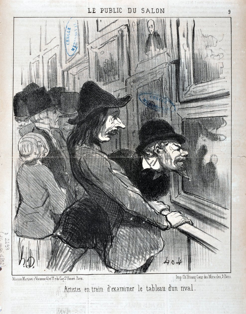 Grafika: Honore Daumier (1808-1879). Charivari pochodzi z 1852 roku: Serie LE PUBLIC DU SALON - „”Artyści badający obraz rywala””MUSEE DES BEAUX ARTS – PALAIS LONGCHAMP, MARSEILLE autorstwa Honoré Daumier