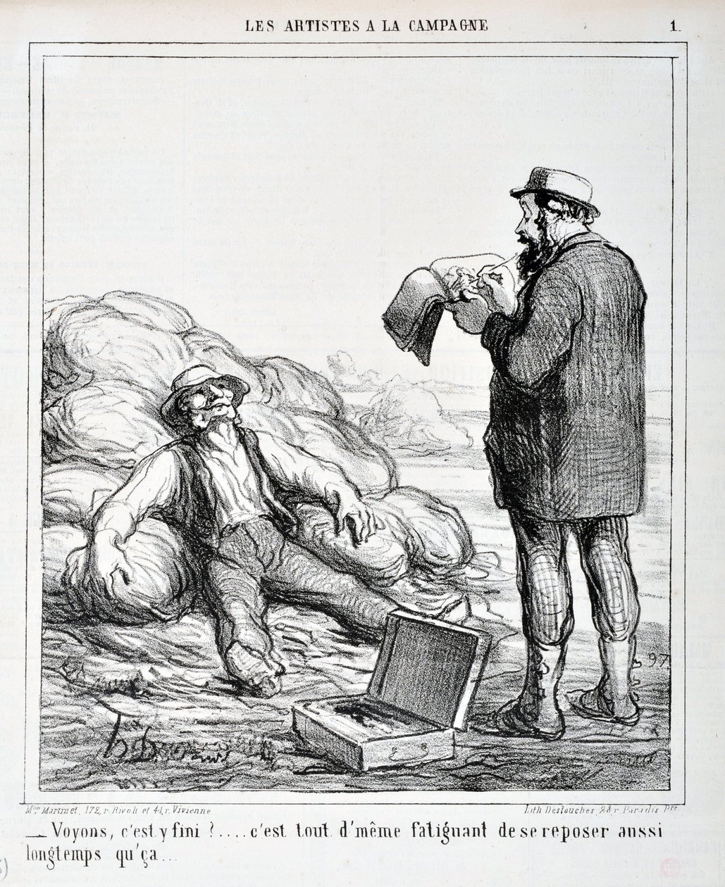 Grafika: Honore Daumier (1808-1879). Charivari pochodzi z 1865 r.: Serie LES ARTISTS IN THE CAMPAGNE „” – Zobaczmy, czy to już koniec?… Odpoczynek nadal jest męczący, dopóki…” MUZEUM SZTUK PIĘKNYCH - PAŁAC LONGCHAMP, MARSEILLE autorstwa Honoré Daumier