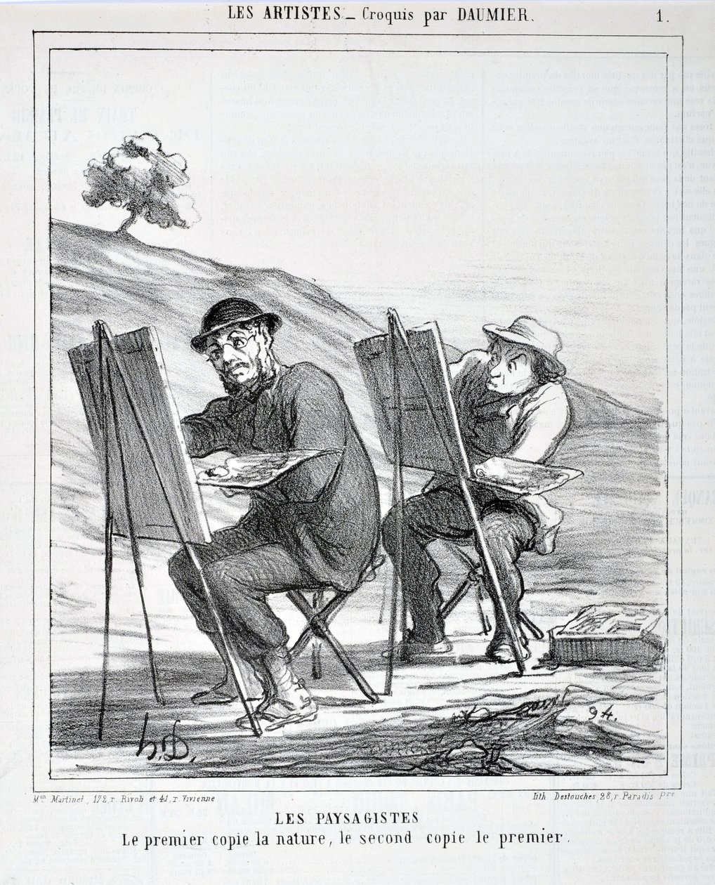 Grafika: Honore Daumier (1808-1879). Charivari pochodzi z 1865 roku: Serie LES ARTISTS Les paysagistes. „Pierwszy kopiuje naturę, drugi kopiuje pierwszą”” MUSEE DES BEAUTS ARTS - PALAIS LONGCHAMP, MARSEILLE autorstwa Honoré Daumier