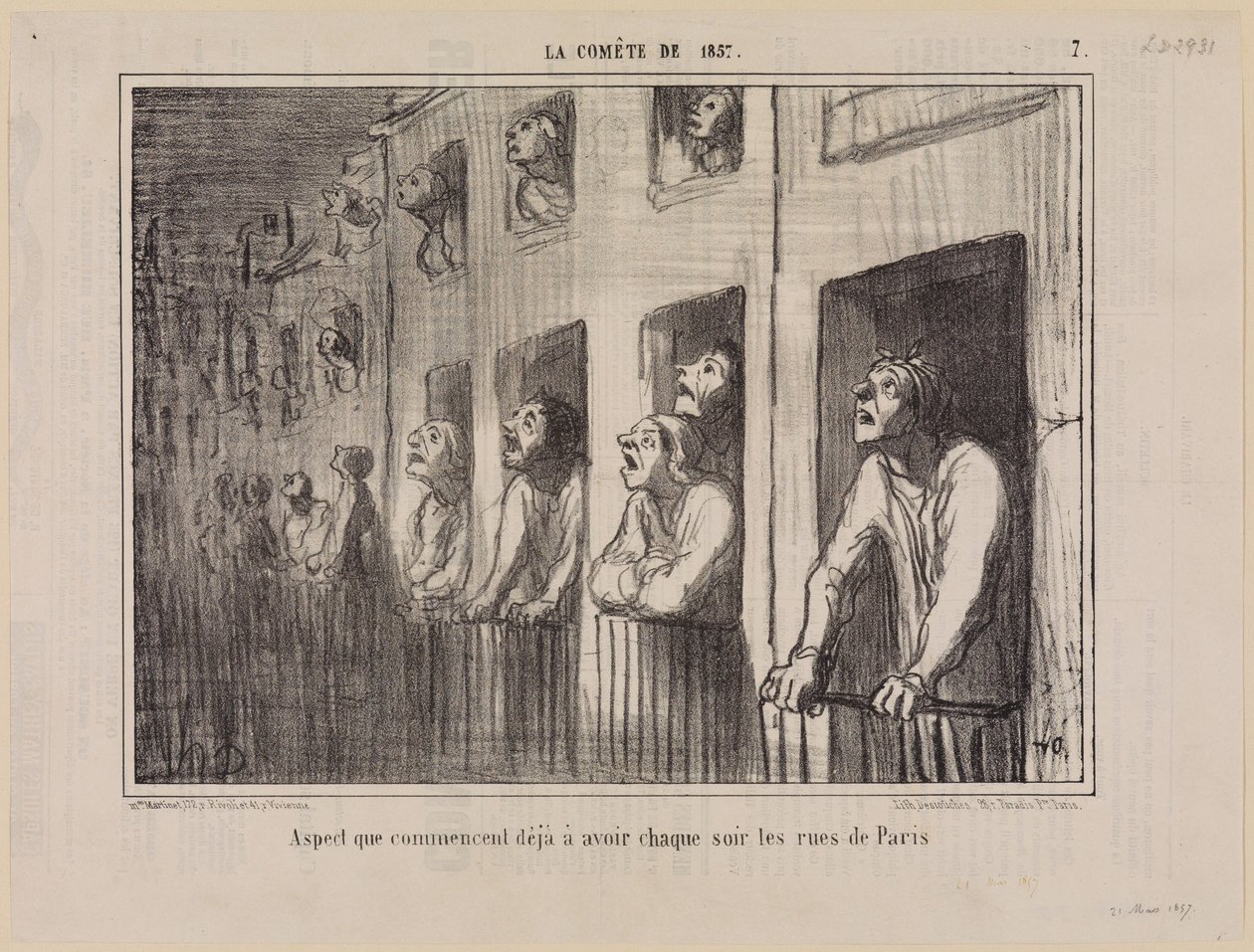 Taki widok zaczyna się już co wieczór pojawiać na ulicach Paryża (La Comète z 1857 r., str. 7) autorstwa Honoré Daumier