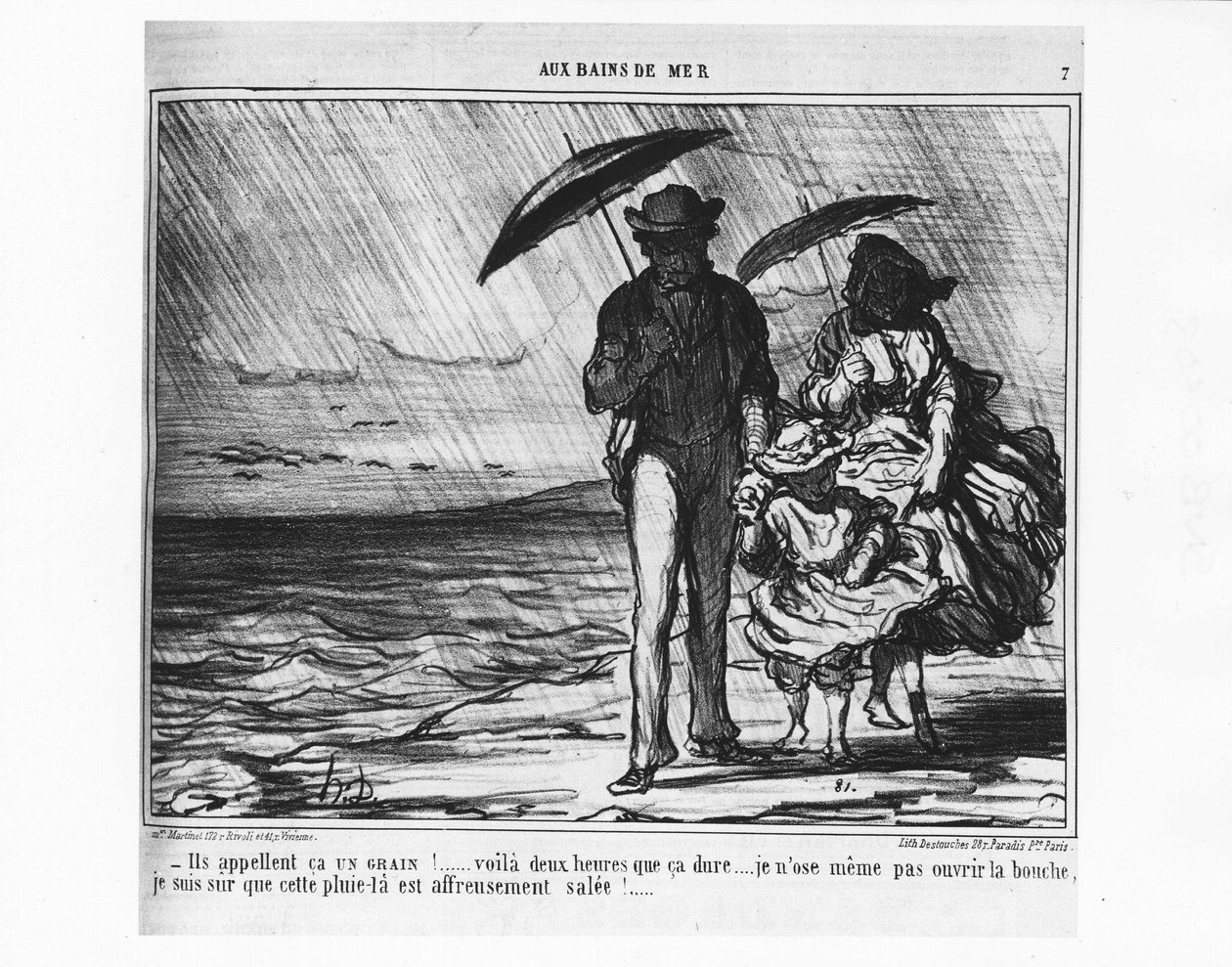 Na kąpielach morskich: Paryżanie nad morzem w strugach deszczu - wg Daumiera, w „Charivari” z 19.09.1859. autorstwa Honoré Daumier