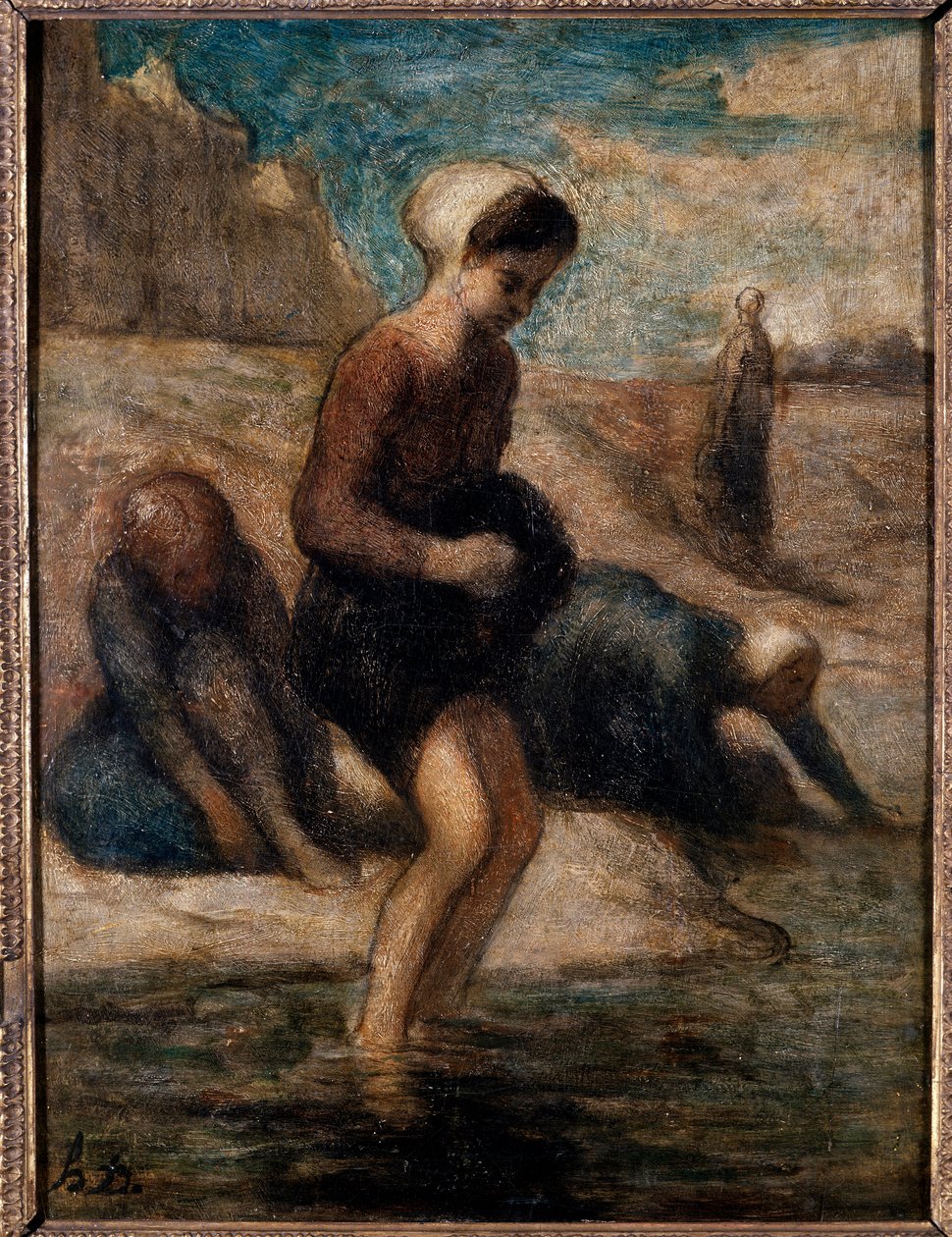 Na krawędzi Młoda kobieta ze strachem wnikająca do wody. Obraz Honore Daumiera (1808-1879) XIX w. Nd. 0,33x0,24 m Troyes, muzeum sztuki nowoczesnej autorstwa Honoré Daumier