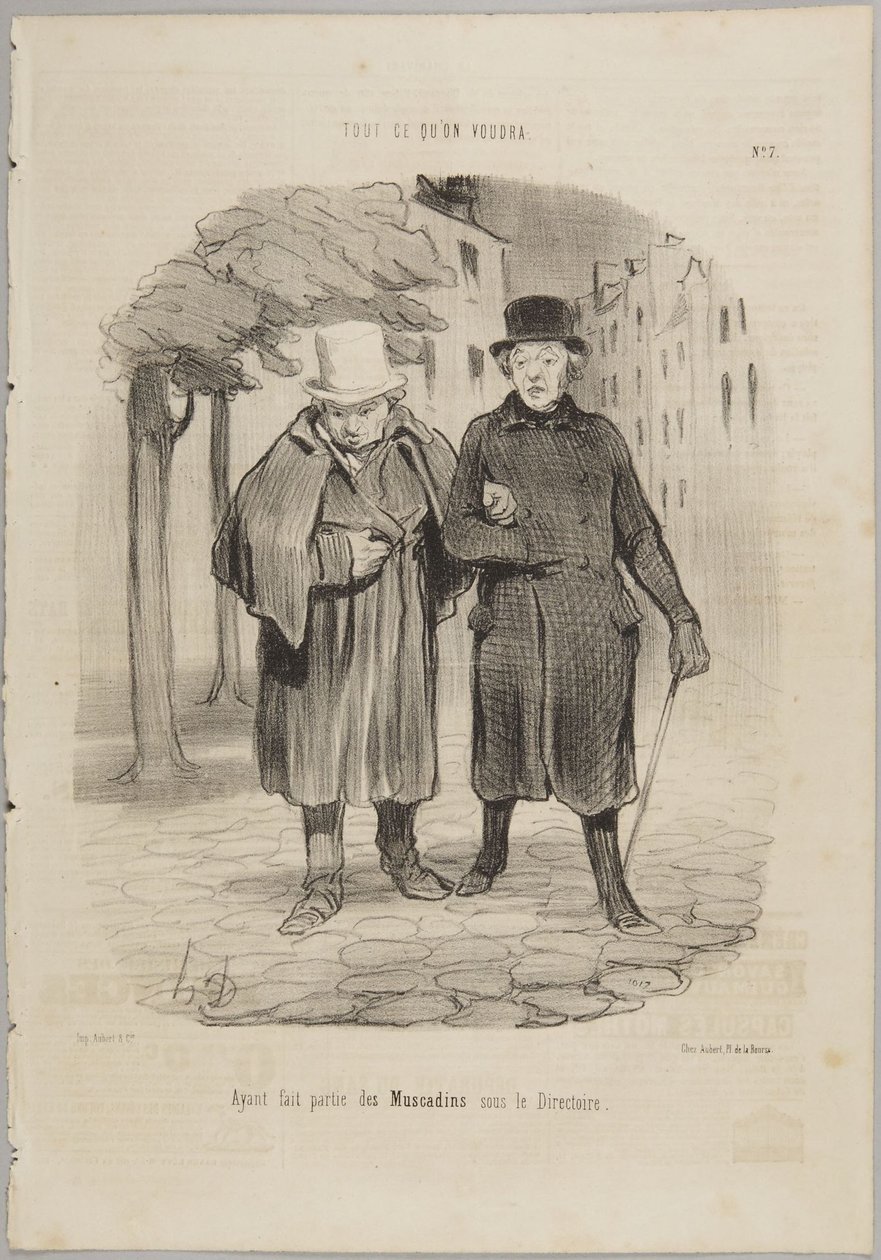 Będąc członkiem grupy „Muscadins” za czasów Dyrektoriatu, numer 7 z serii „Tout ce qu’on voudra” z gazety „Le Charivari” autorstwa Honoré Daumier