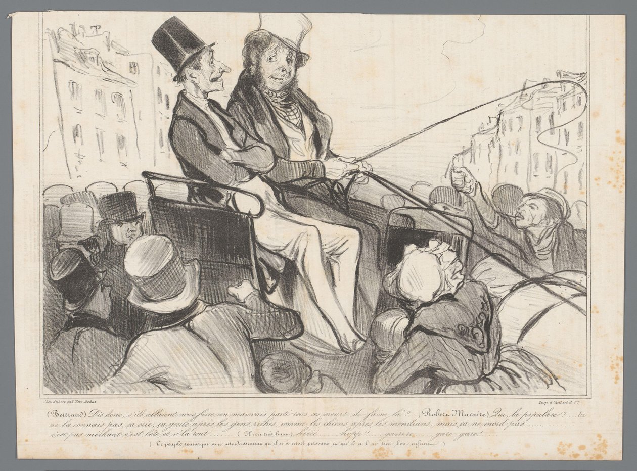 Bertrand i Robert-Macaire w powozie otoczeni przez ludzi autorstwa Honoré Daumier