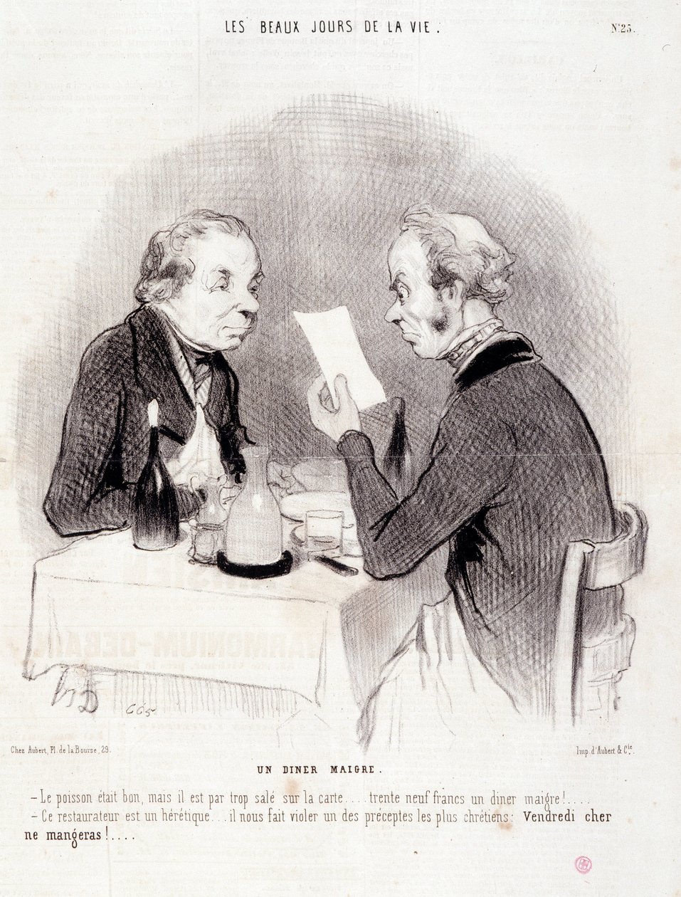 Kreskówka o drogim życiu. Seria „Piękne dni życia”: chudy obiad...” Grawer Honore DAUMIER (1808-1879). Wyciąg z gazety „Le Charivari” z 18 października autorstwa Honoré Daumier