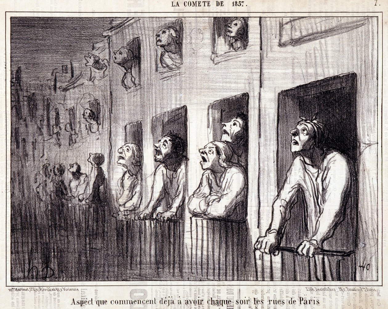 Kreskówka o nauce. Serie Sur „” la Comete de 1857””: „”Aspekt, który zaczyna się już każdej nocy na ulicach Paryża””. Grawerowanie autorstwa Honore DAUMIER (1808-1879). Wyciąg z gazety „Le Charivari””. Wymiary 38x25cm. Inv D - box 7 Marsylia, autorstwa Honoré Daumier