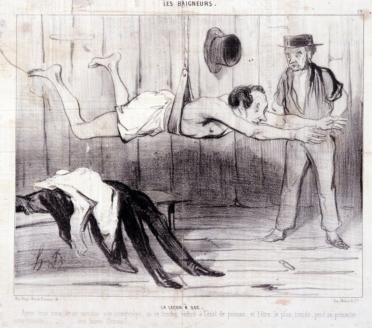 Kreskówka o turystach na wakacjach. Seria "Les Baigneurs": "La lecon a dry". Seria "Les Baigneurs": "La lecon a dry". Rycina autorstwa Honore DAUMIER (1808-1879). Fragment z gazety "Le Charivari". Dim 25x36cm box 12 Marseille, Musee autorstwa Honoré Daumier