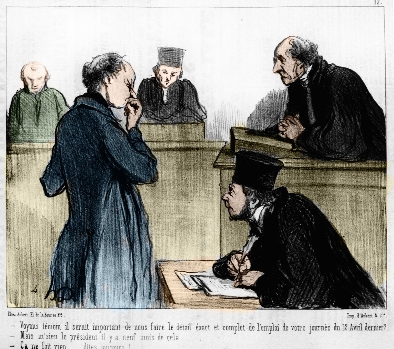 Karykatura Daumiera: Serie „”Les Gens de Justice”” opublikowana w „”Charivari”” z 04.03.1846. Przesłuchanie świadka. autorstwa Honoré Daumier