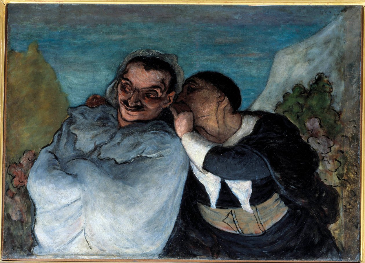 Crispin i Scapin również mówią Scapin i Silvestre. Dwóch bohaterów sztuki Moliera „Les fourberies de Scapin” zwierza im się do ucha. Obraz Honore Daumiera (1808-1879). 1864 niedz. 0,60 x 0,82 m Paryskie Musee d