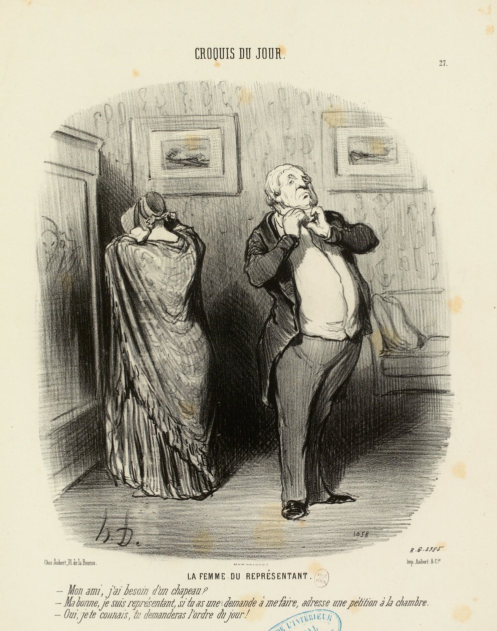 Croquis du Jour nr 27: Żona przedstawiciela. - Mój przyjacielu, czy potrzebuję kapelusza? autorstwa Honoré Daumier