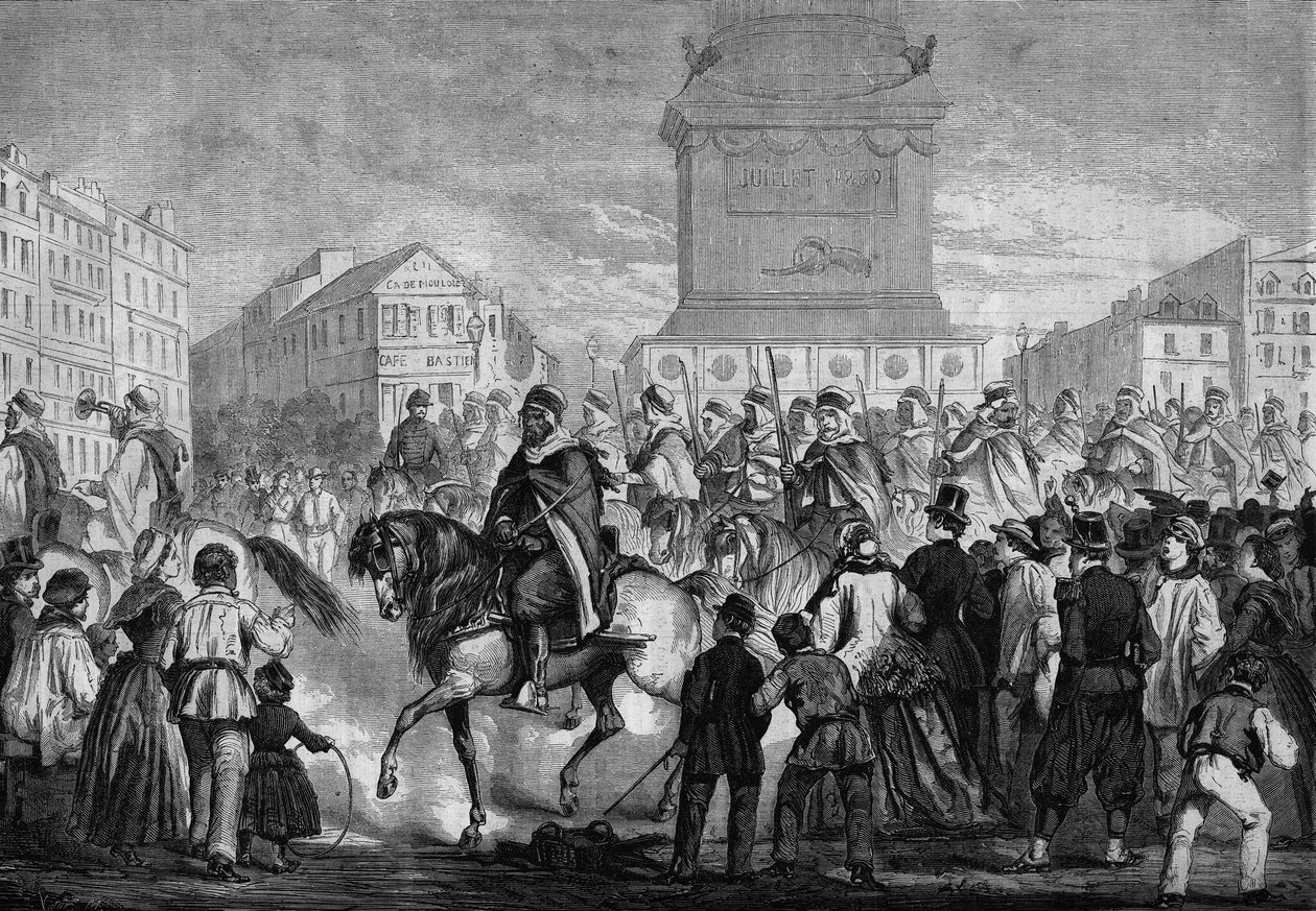 Parada spahis algierskiej armii kolonialnej ulicami Paryża (przejście na Place de la Bastille) autorstwa Honoré Daumier