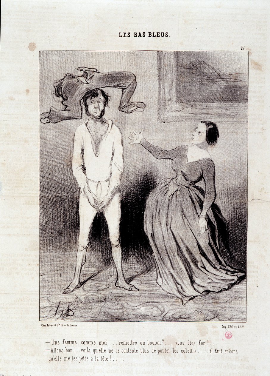 Wyciąg z gazety „” Le Charivari””” Seria „” Les Bas Bleus”” Kobieta taka jak ja... wręczyć guzik? ... jesteś szalony! ... 23 maja autorstwa Honoré Daumier