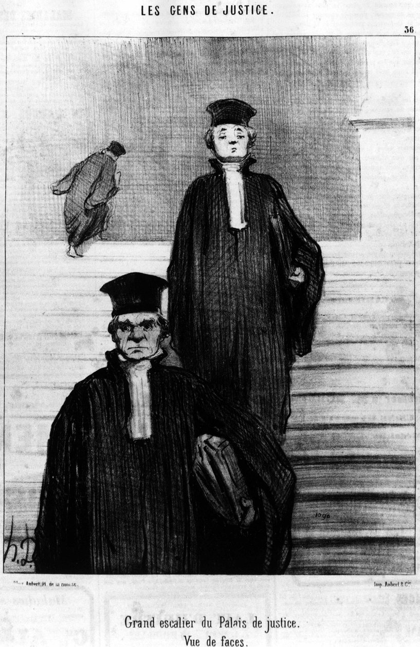 Wielkie schody Pałacu Sprawiedliwości, Widok twarzy, zaczerpnięte z serii karykatur „Gens de Justice” Honore Daumiera o sprawiedliwości (1808-1879). „Charivari” autorstwa Honoré Daumier