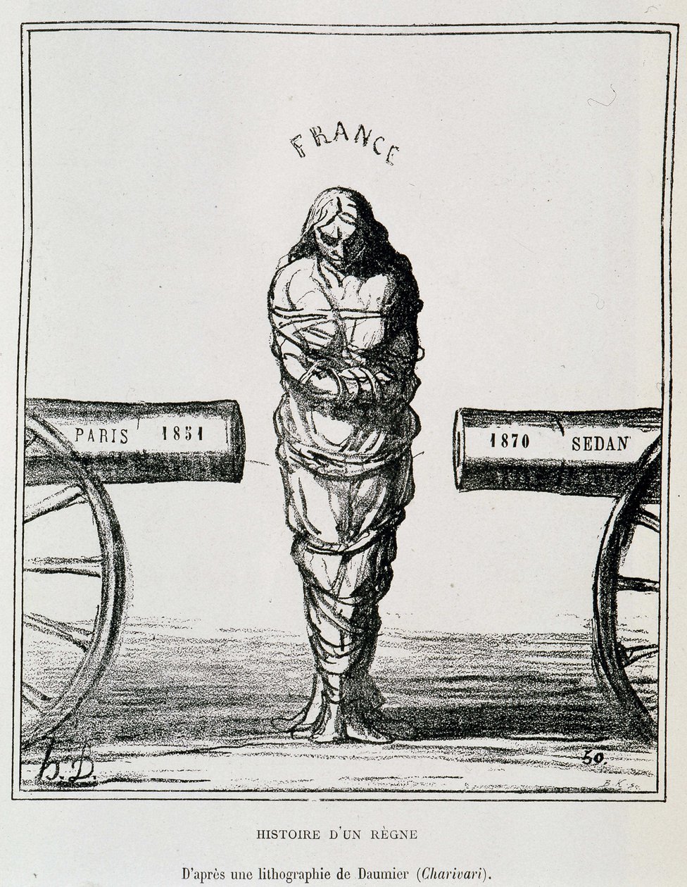 Historia Regne: Francja w ruchu kleszczowym między Paryżem 1851 a Sedanem 1870 - litografia Honore Daumier opublikowana w „Le Charivari”, sd. około 1871 autorstwa Honoré Daumier