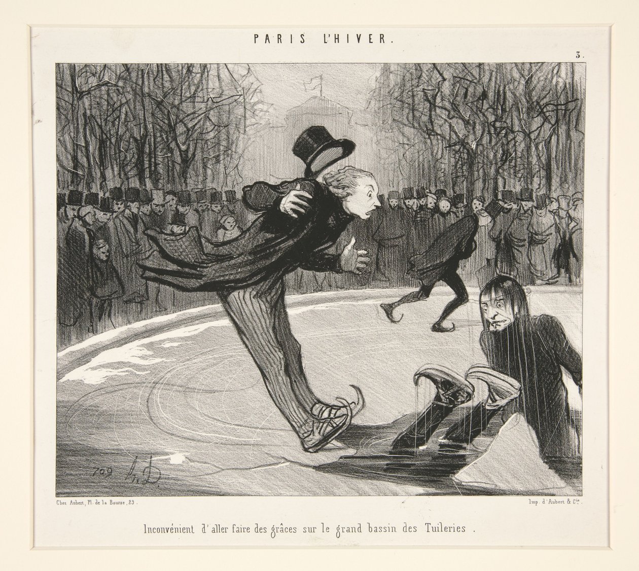 Niedogodność wdzięczenia się przy wielkim basenie Tuileries, z cyklu Paryż zimą autorstwa Honoré Daumier