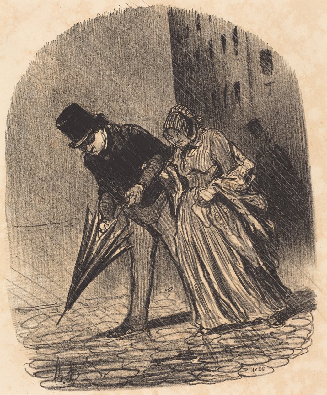 Wada zbyt skomplikowanego parasola ze sprężynami autorstwa Honoré Daumier