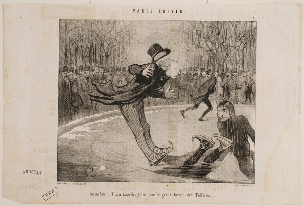 Trudno się popisywać na dużym stawie w Ogrodach Tuileries. autorstwa Honoré Daumier