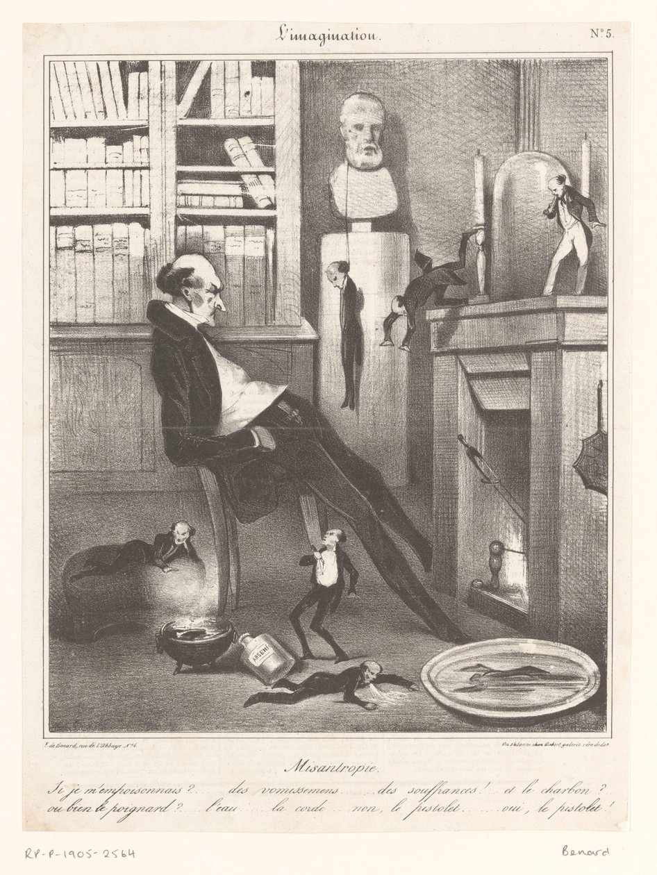 Karykatura mizantropa, który zastanawia się, w jaki sposób popełni samobójstwo autorstwa Honoré Daumier