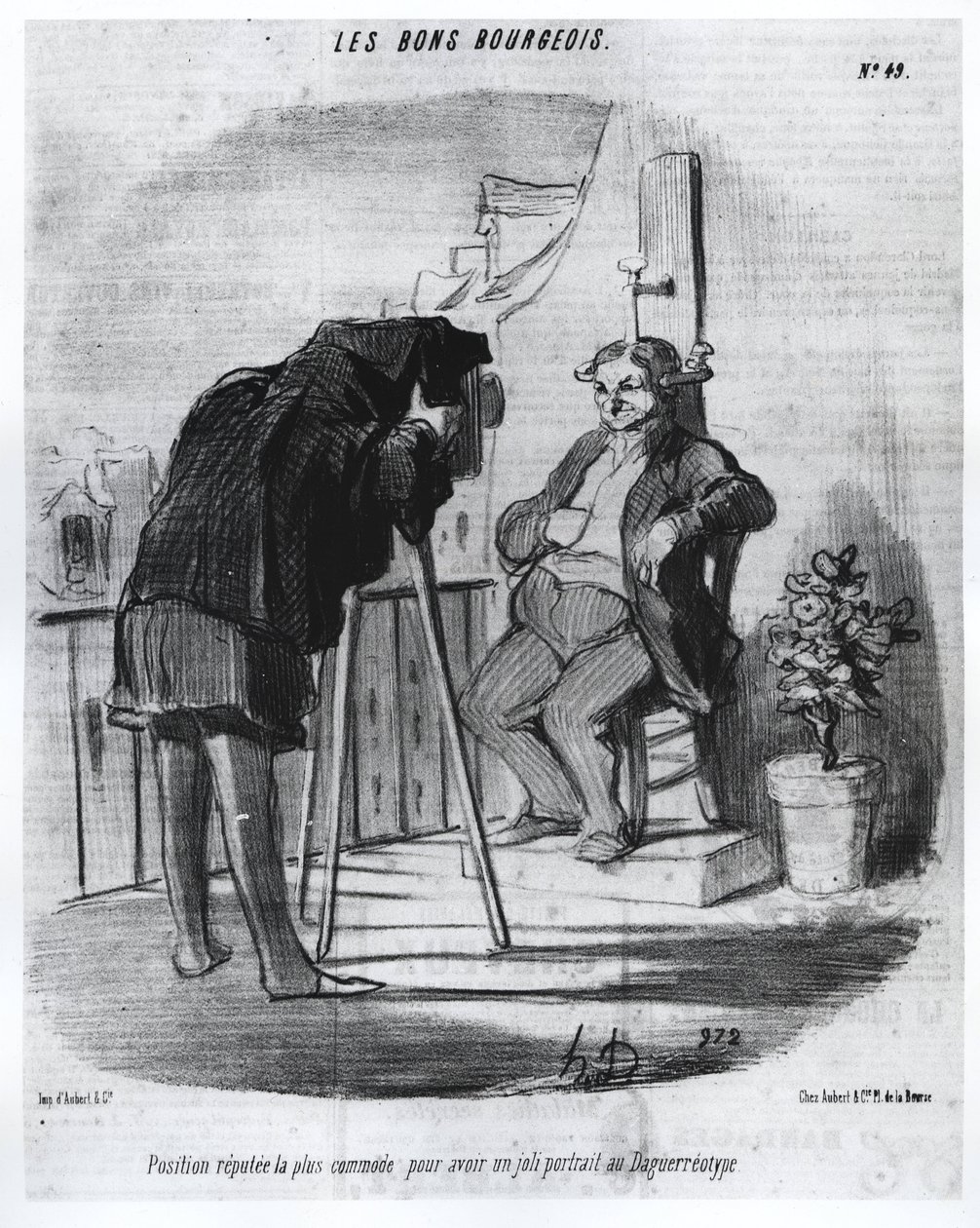 Les Bons Bourgeois - Najwygodniejsza pozycja do zrobienia ładnego portretu w dagerotypie, karykaturze Daumiera - w „Charivari” z 24.07.1847 r. autorstwa Honoré Daumier