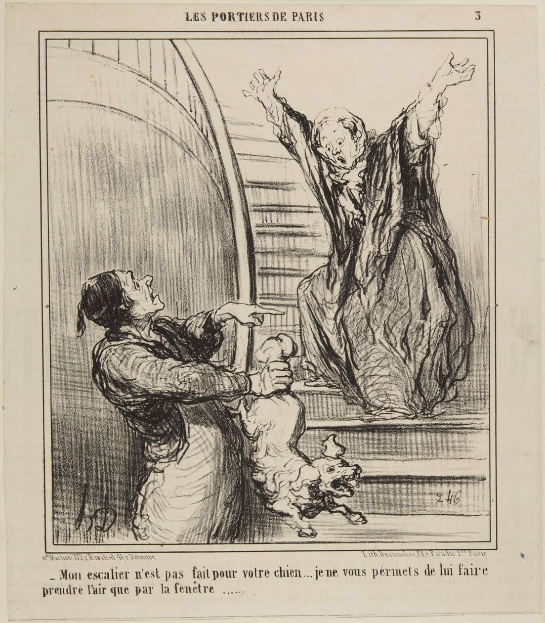 Moje schody nie są przeznaczone dla pańskiego psa..., numer 3 z serii Portierzy Paryża z Le Charivari autorstwa Honoré Daumier